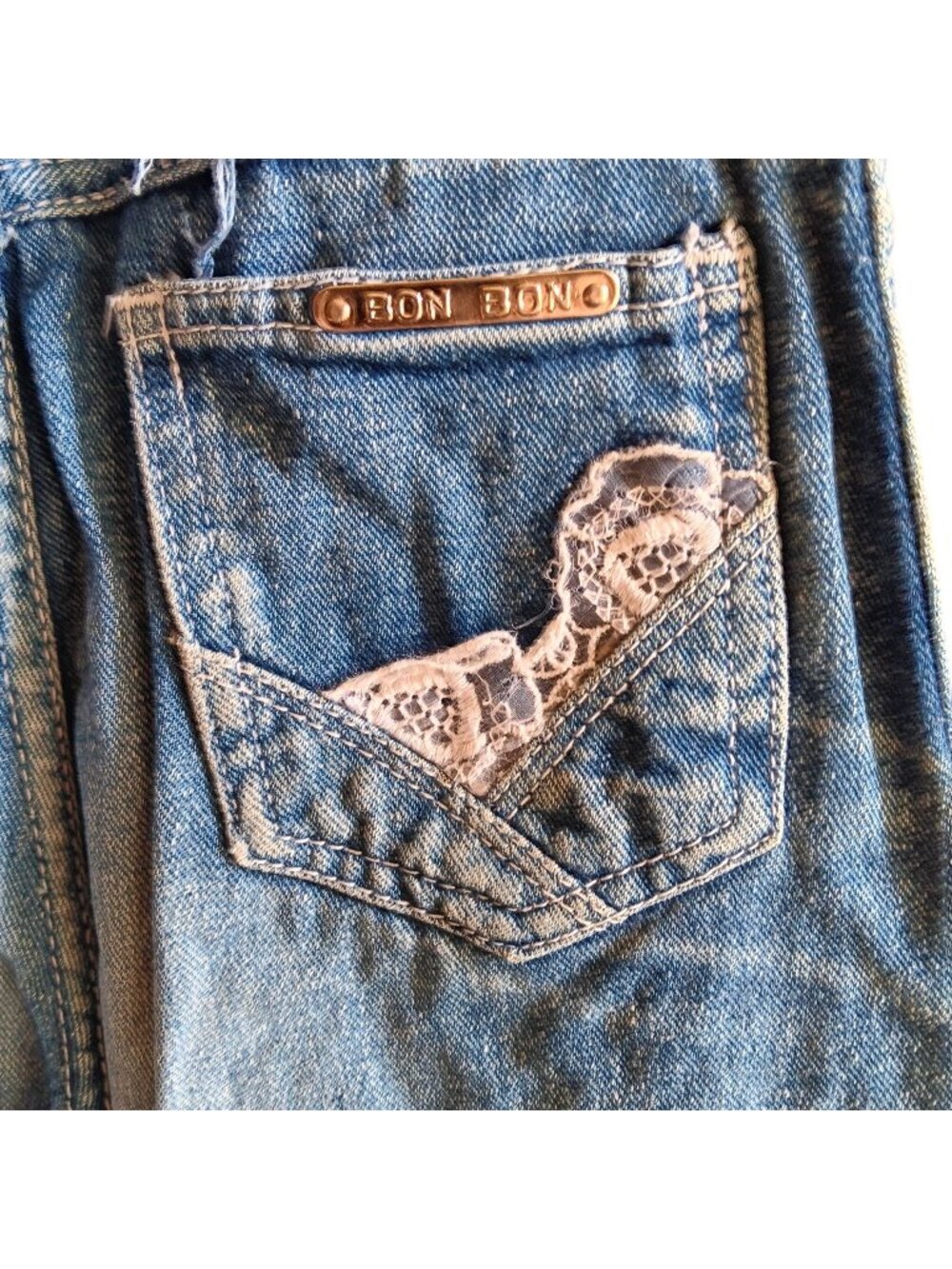20x27 True Vintage 80's Girls Denim Jeans Bon Bon High-Waisted Disco Lace Pocket